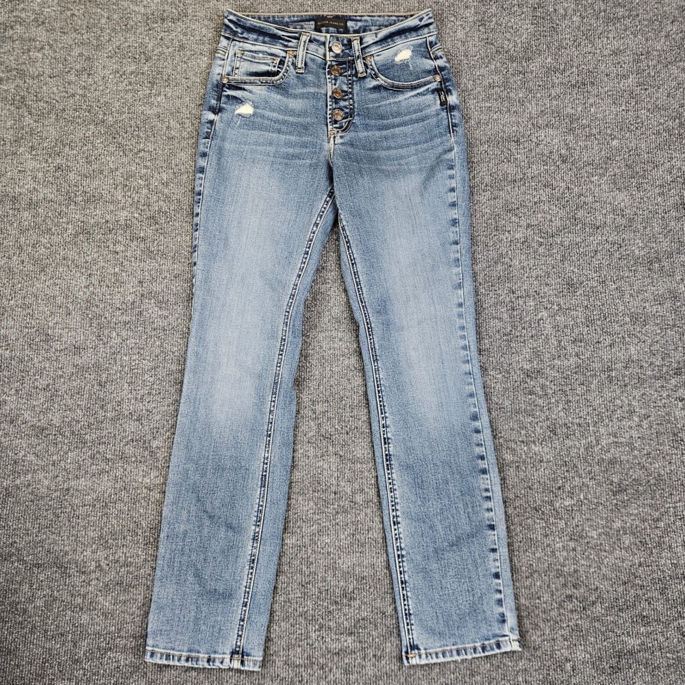 Silver Most Wanted Straight Jeans Women's 24 Med Wash Distressed Button Fly Blue